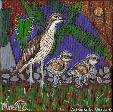 Bush Stone Curlew with Babies Framed Canvas Print by Mirree Contemporary Aboriginal Art